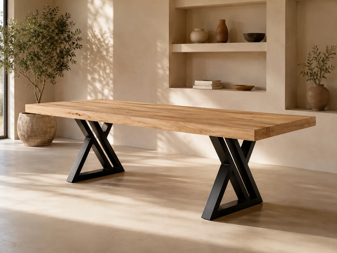 The Valen Table — Light wood top wooden top on a black iron base