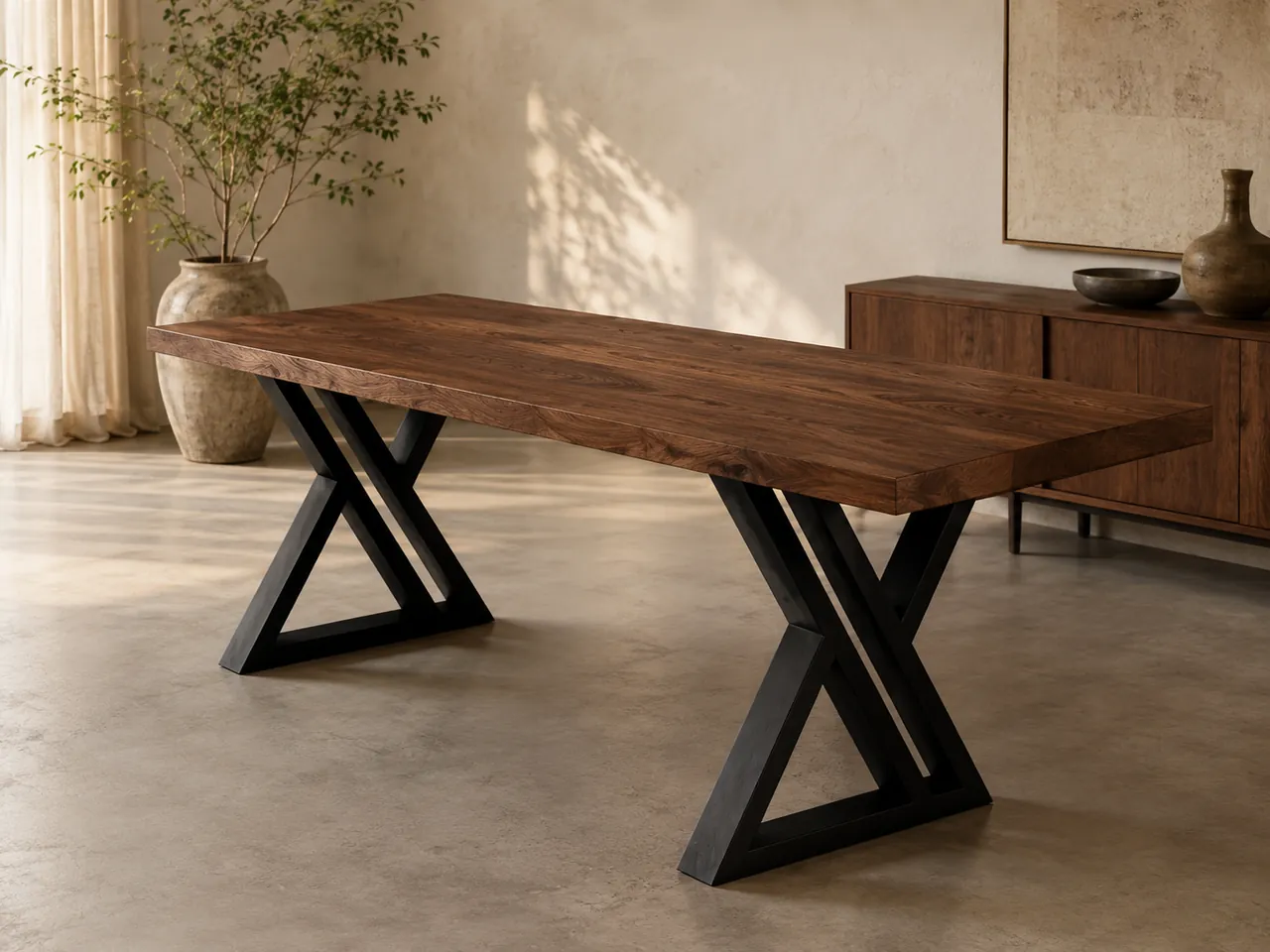 Novex Lifestyle table — walnut top on a sculptural black steel base