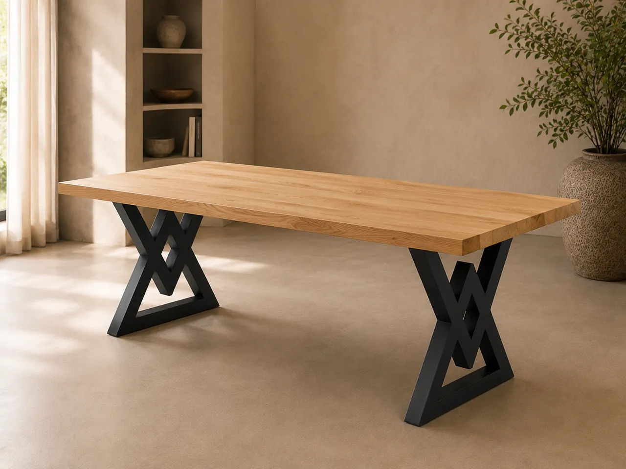 The Novara Table — Light wood top wooden top on a black iron base