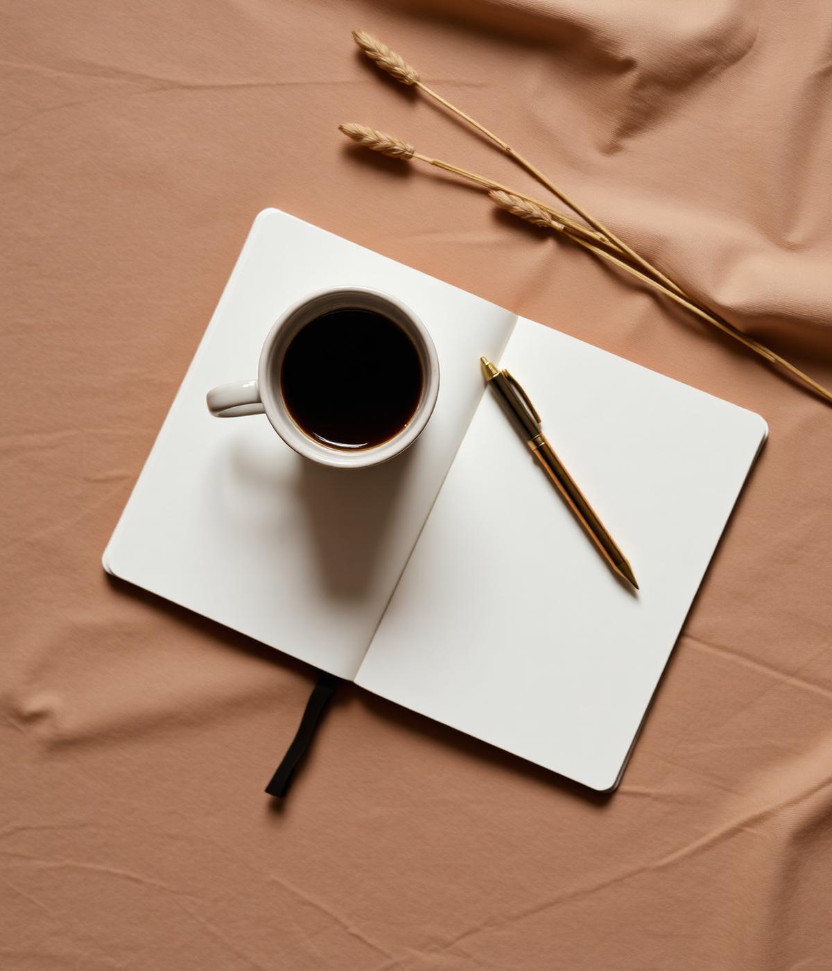 A warm taupe still life of a notebook, brass pen and coffee